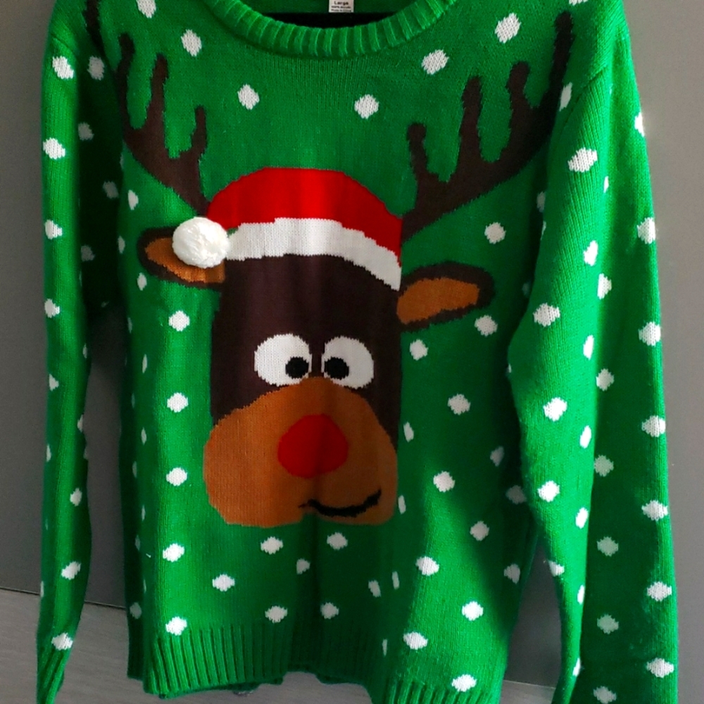 Adorable Rudolph Reindeer Christmas sweater, Large, Green